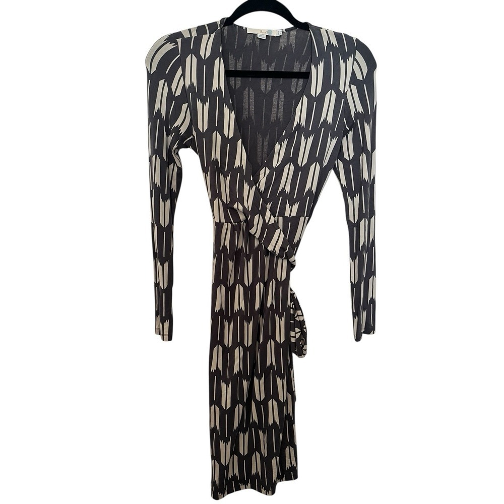 Boden Women's Wrap Dress Gray Cream Size 4, Long Sleeve Jersey Tie Waist